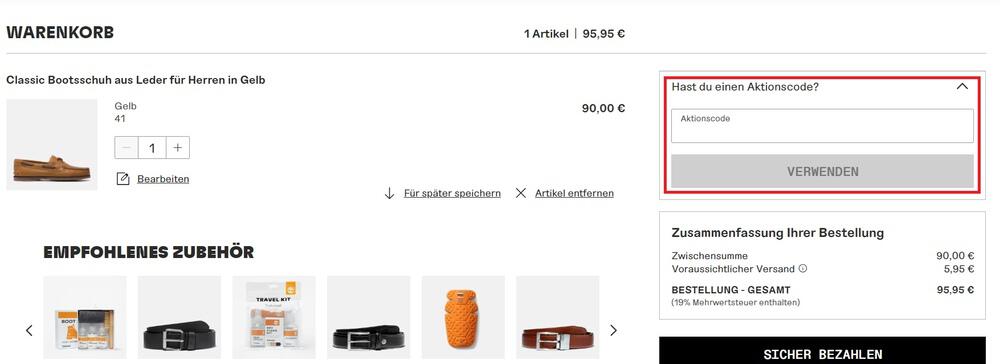 Eingabefeld für den Timberland´Gutschein im Warenkorb