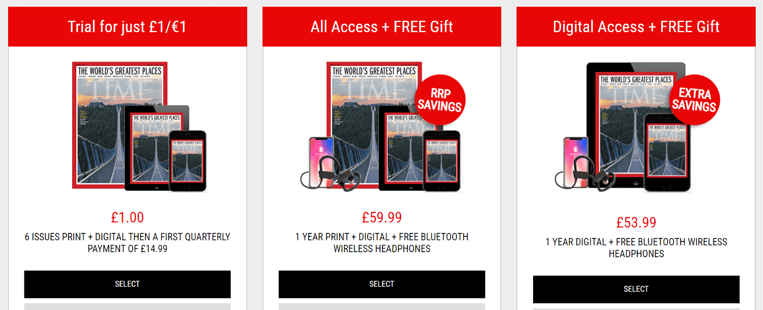 Screenshot of available TIME Magazine deals