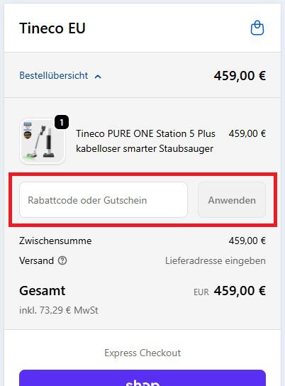 Eingabefeld für Tineco Rabattcode