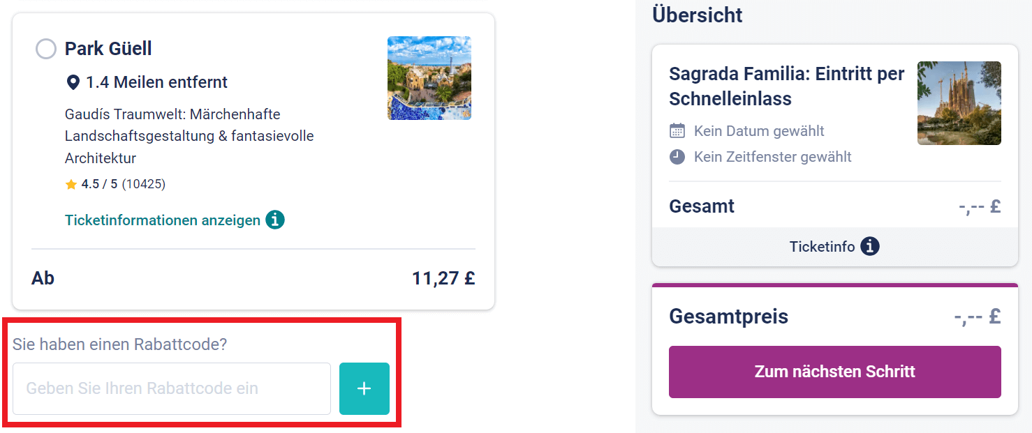 Screenshot vom Buchungsvorgang mit Feld zum Tiqets Gutschein einlösen