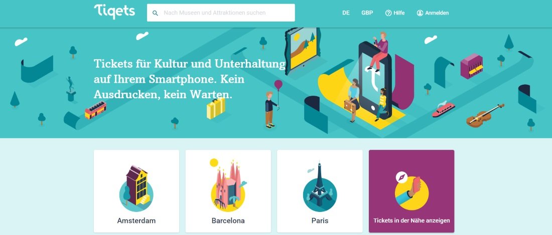 Screenshot der Tiqets Website
