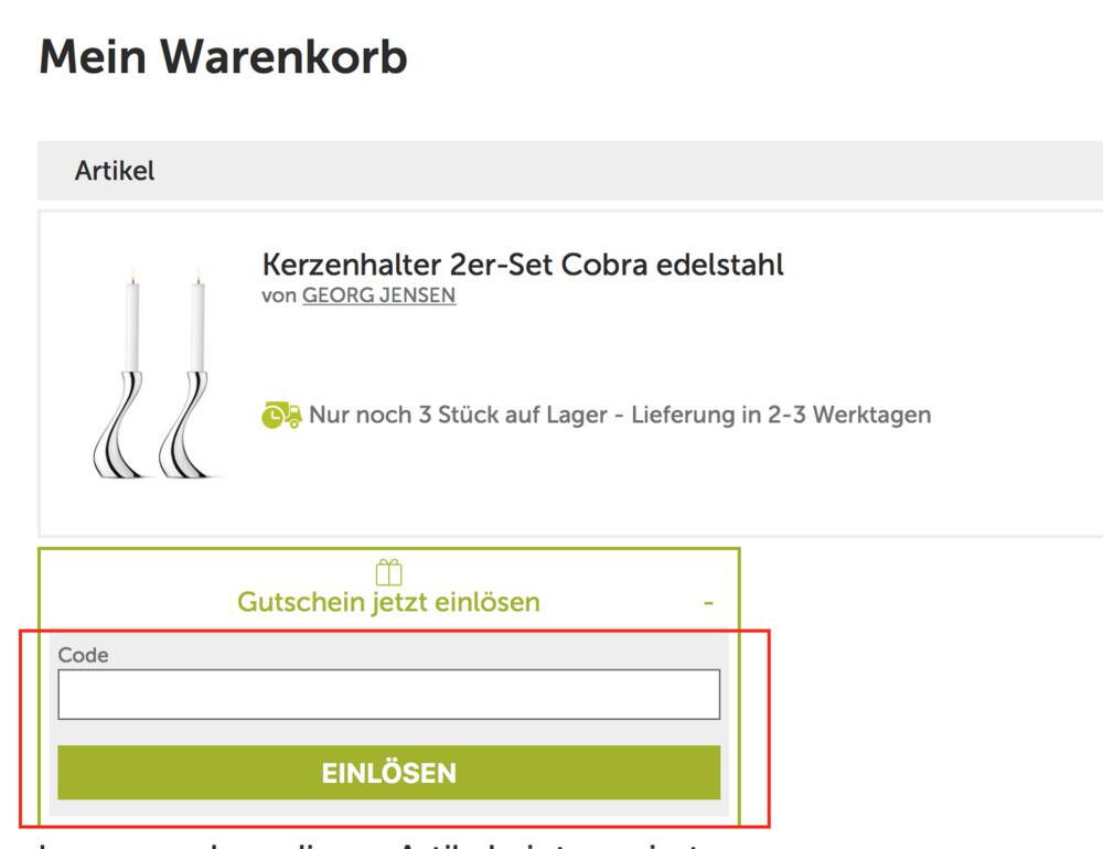 Warenkorb-Screenshot mit Eingabefeld für deinen Tischwelt Gutschein