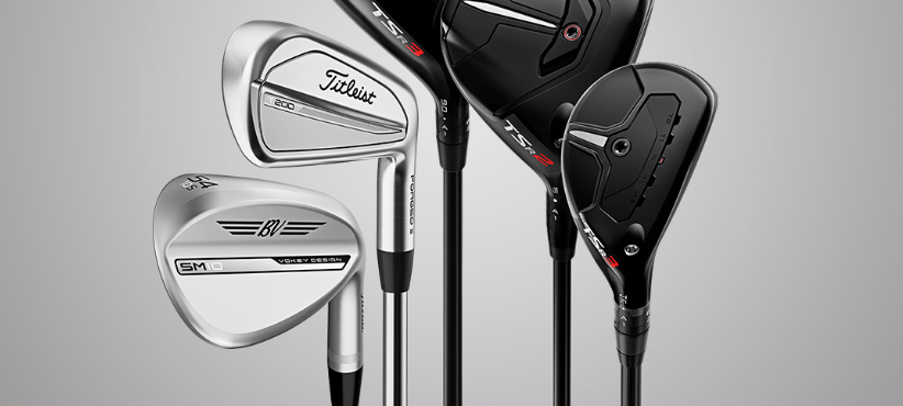 Titleist money saving guide banner - A selction of branded golf irons on grey background