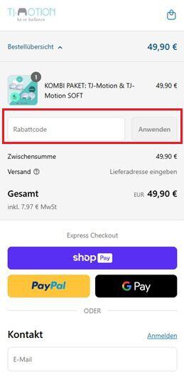 Warenkorb-Screenshot mit Eingabefeld für TJ-Motion Gutscheincode