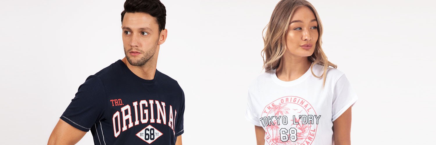 Tokyo Laundry banner - woman and man wearing Tokyo Laundry t-shirts