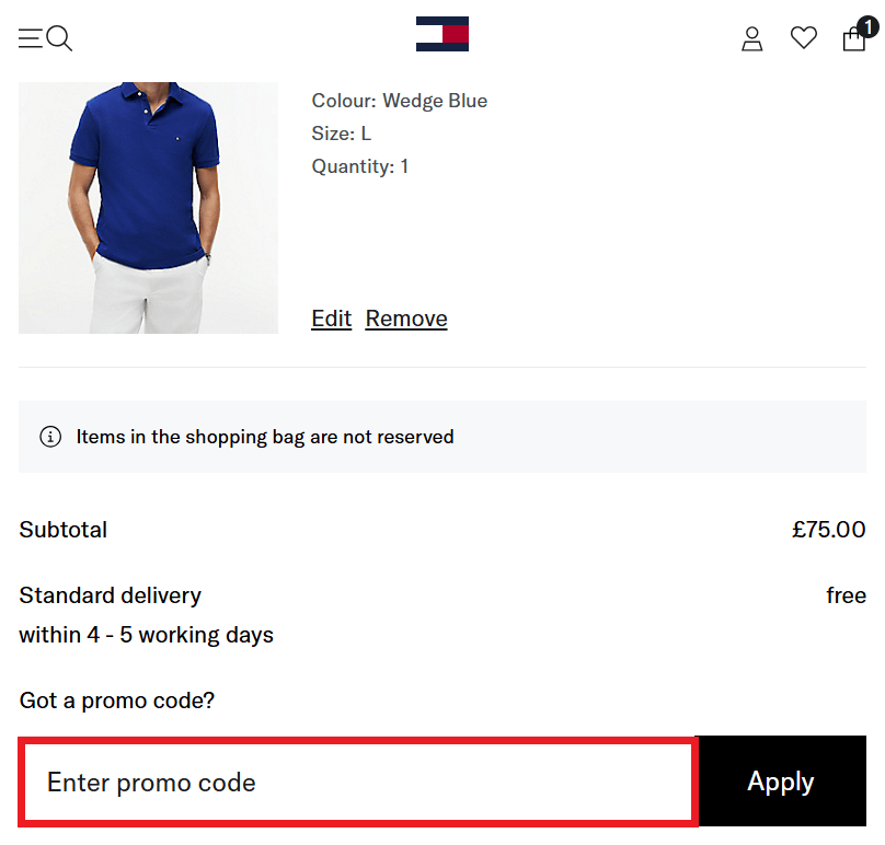 Tommy Hilfiger discount code in shopping basket image