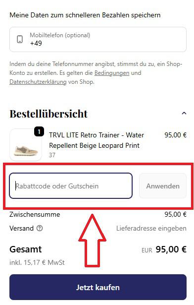 Screenshot aus dem Warenkorb mit Hinweis darauf, wo du den Toms Gutschein einlösen kannst