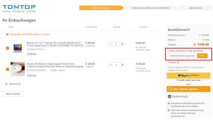 Eingabefeld für Tomtop Gutscheine im Warenkorb des Online Shops
