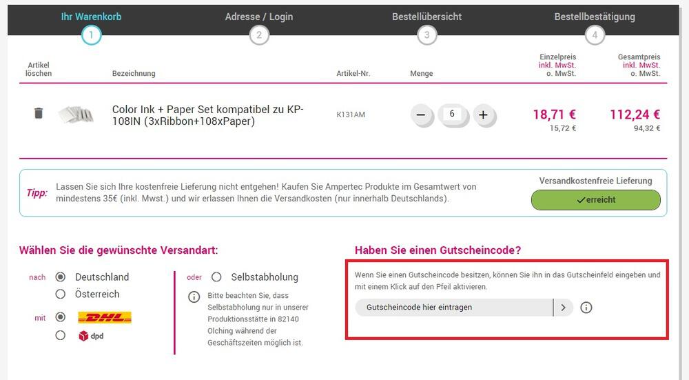 Eingabefeld für Tonermacher Gutschein im Warenkorb