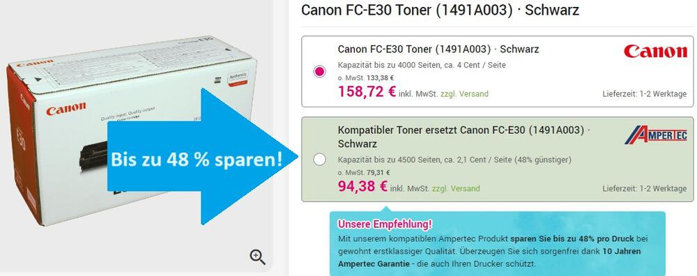 Vergleich zwischen AmperTec-Toner und Marken-Toner mit bis zu 48 % Rabatt durch Kauf der Tonermacher Eigenmarke