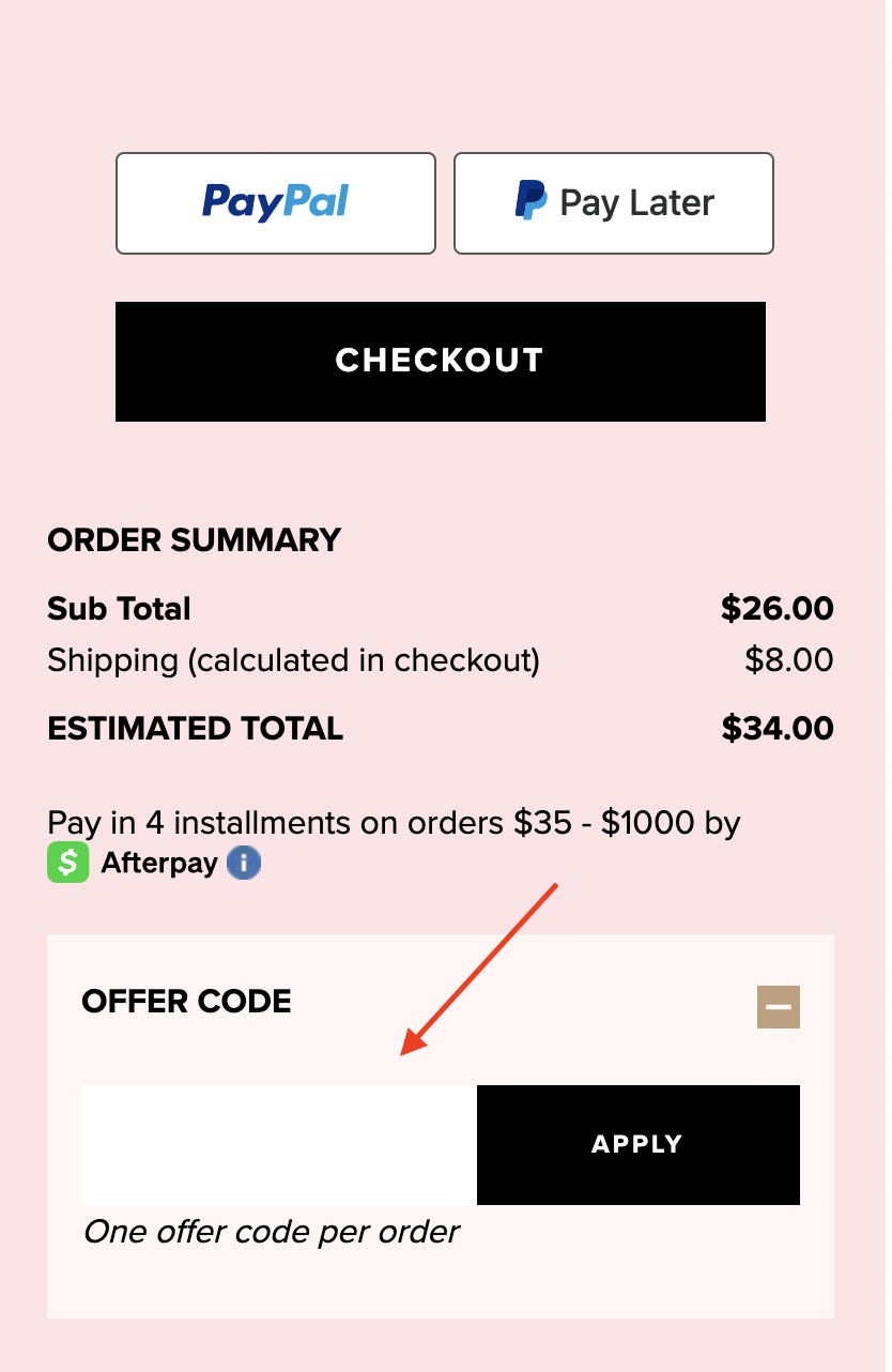 Too Faced coupon box on checkout page