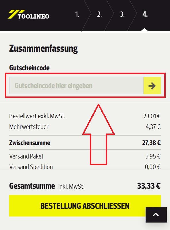 Screenshot vom Eingabefeld mit Hinweis darauf, wo du deinen Toolineo Gutschein einlösen kannst