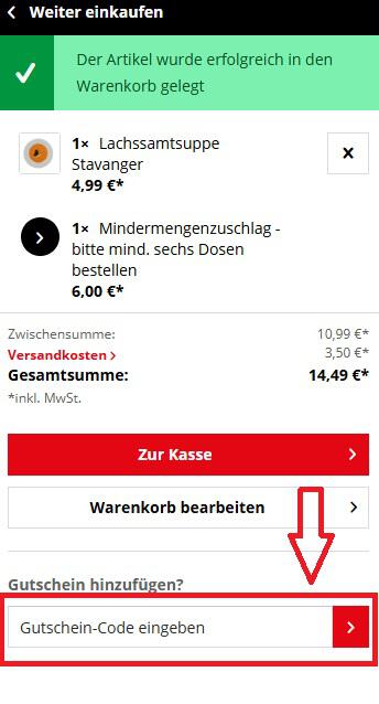 Screenshot aus dem Warenkorb mit Hinweis darauf, wo du den Toro Coupon einlösen kannst