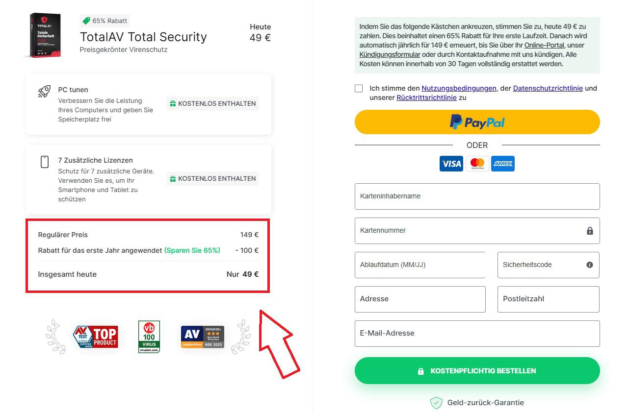 Screenshot vom Eingabefeld mit Hinweis darauf, wo du deinen TotalAV Gutschein einlösen kannst