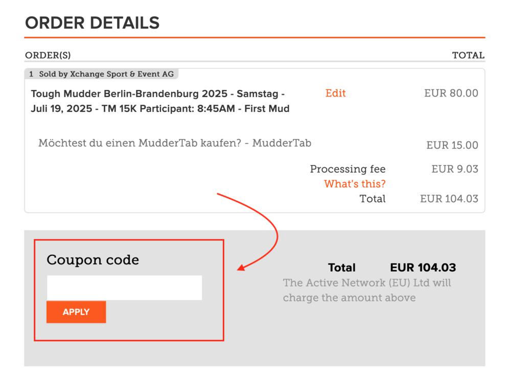 Warenkorb-Screenshot mit Feld zum Tough Mudder Gutschein einlösen