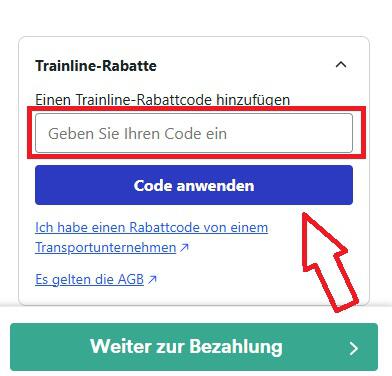 Screenshot vom Eingabefeld mit Hinweis darauf, wo du deinen Trainline Gutschein einlösen kannst