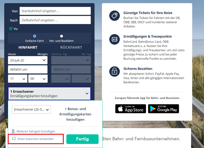 Eingabefeld für einen Trainline Gutschein im Warenkorb