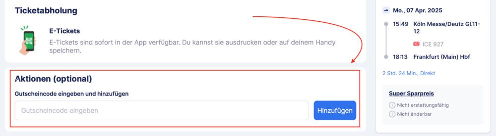 Screenshot aus dem Buchungsprozess bei TrainPal, mit Eingabefeld für deinen TrainPal