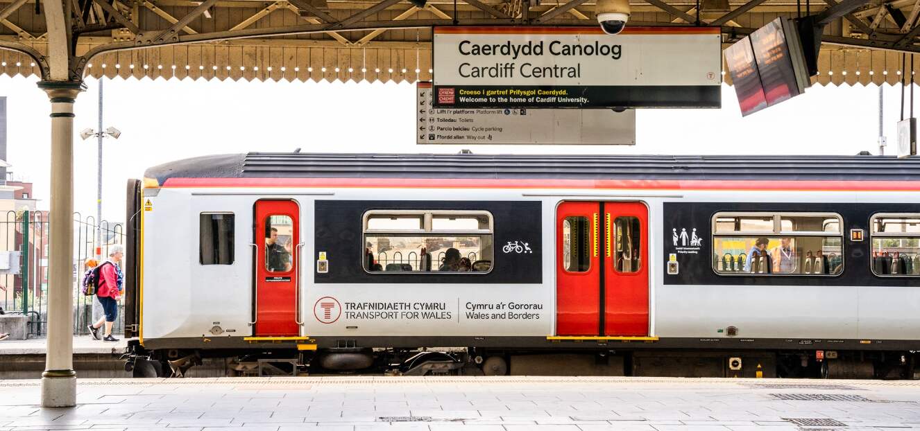 Transport for Wales more ways to save banner. Image shows a train at a train station with Welsh signage