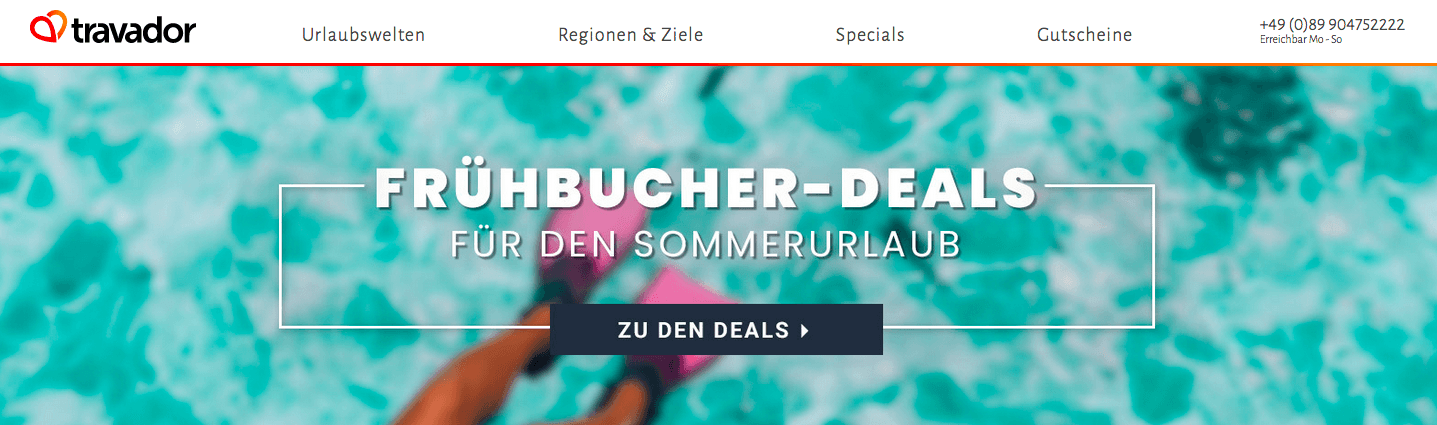 Banner für Frühbucher Deals im Travador im Online-Shop