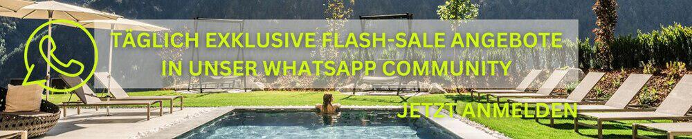 Poollandschaft als Banner für exklusive Travador Flash-Sale Angebote in der Whatsapp Community