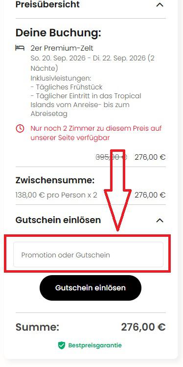 Screenshot vom Eingabefeld mit Hinweis darauf, wo du deinen Travelcircus Gutschein einlösen kannst