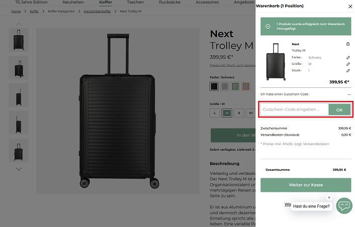 img: travelite-gutschein-einloesen / alt: Screenshot aus dem Warenkorb mit Hinweis darauf, wo du den Travelite-Gutschein einlösen kannst.