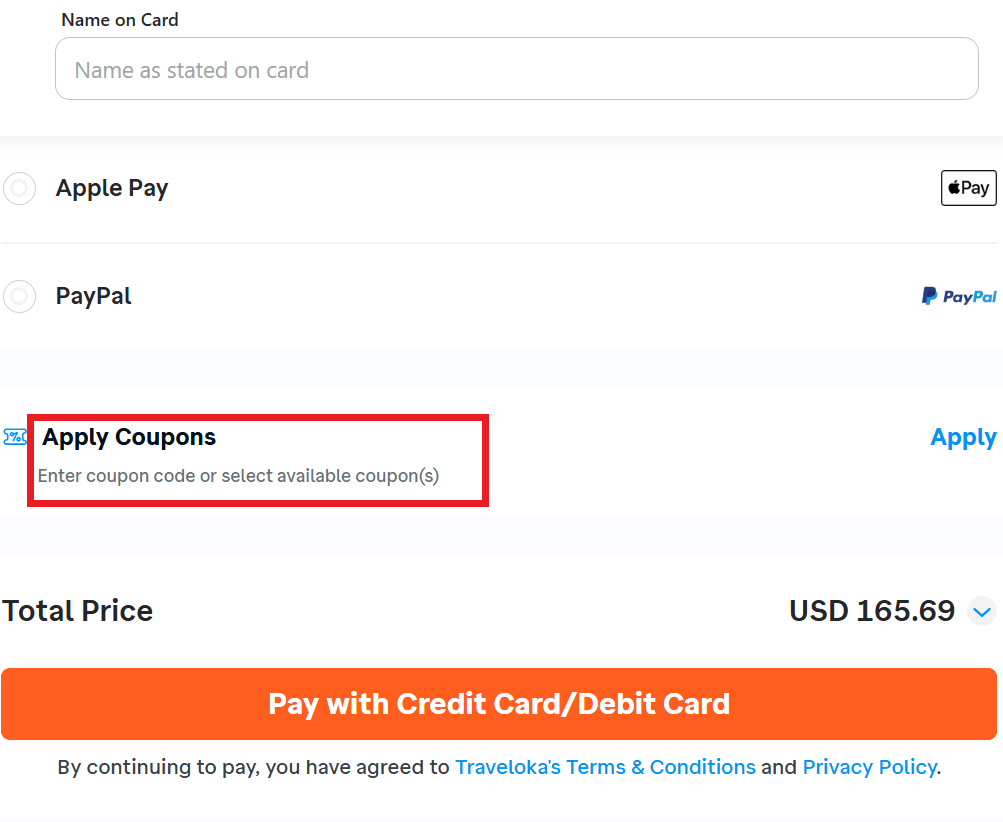 Traveloka discount code section during booking process