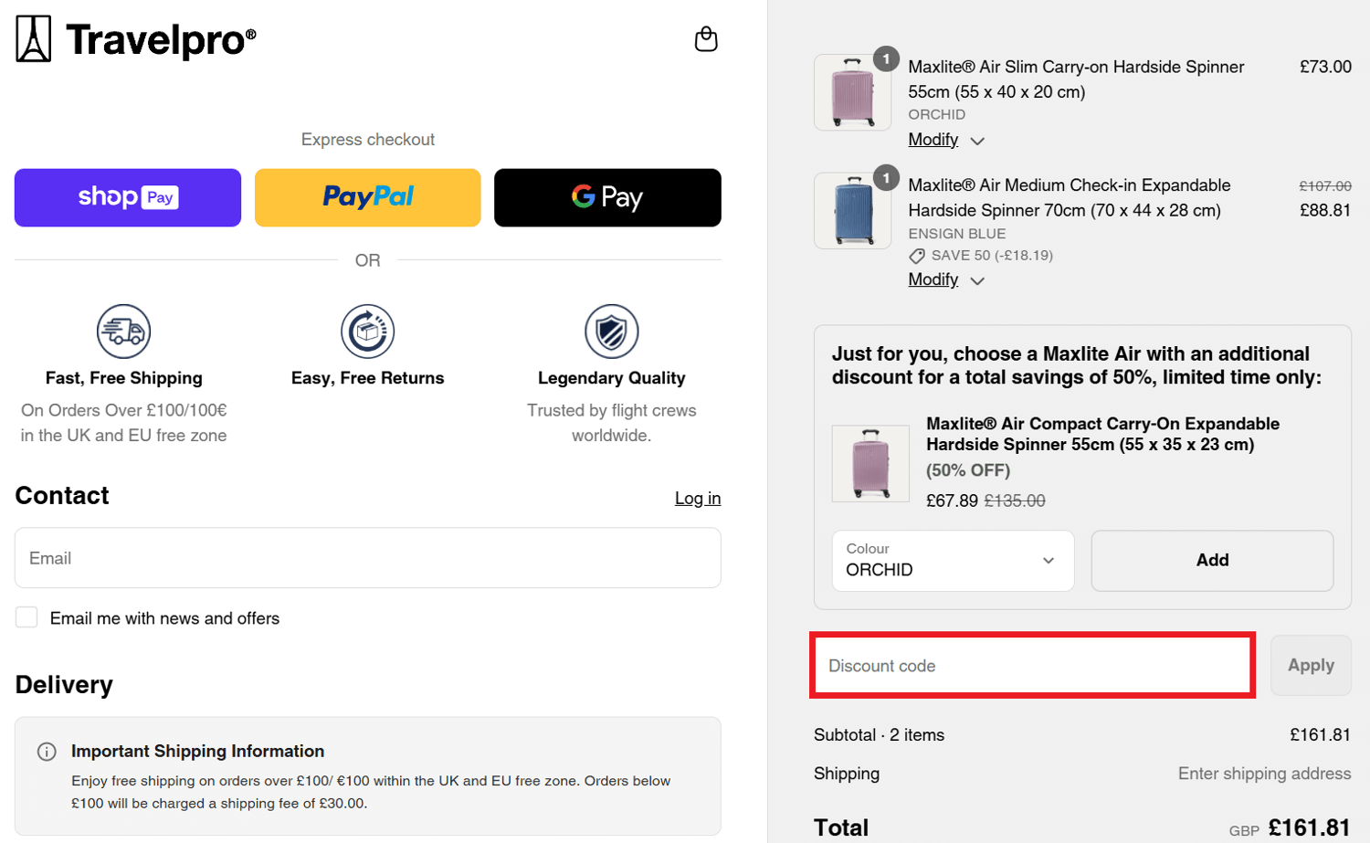 Travelpro discount code box in shopping bag image