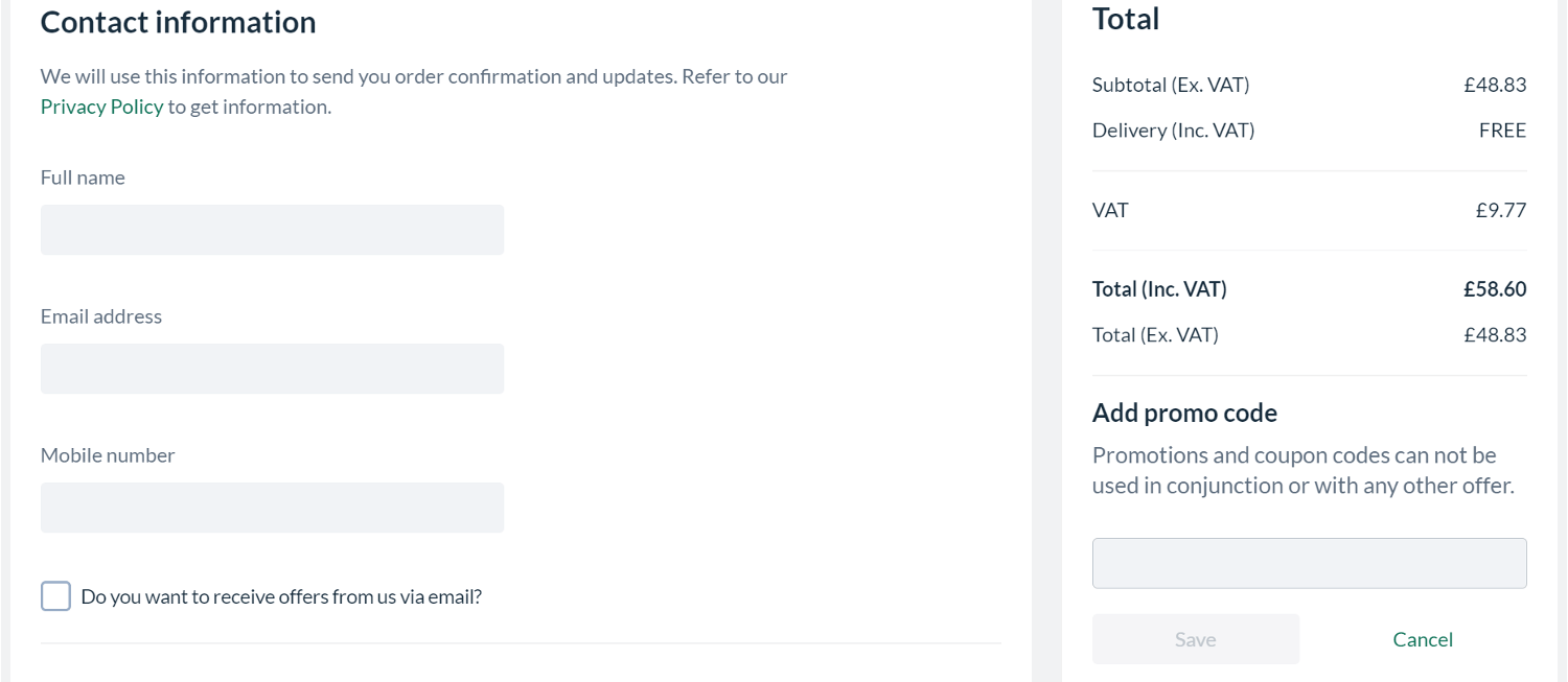 Screenshot of the Travis Perkins discount code box at checkout