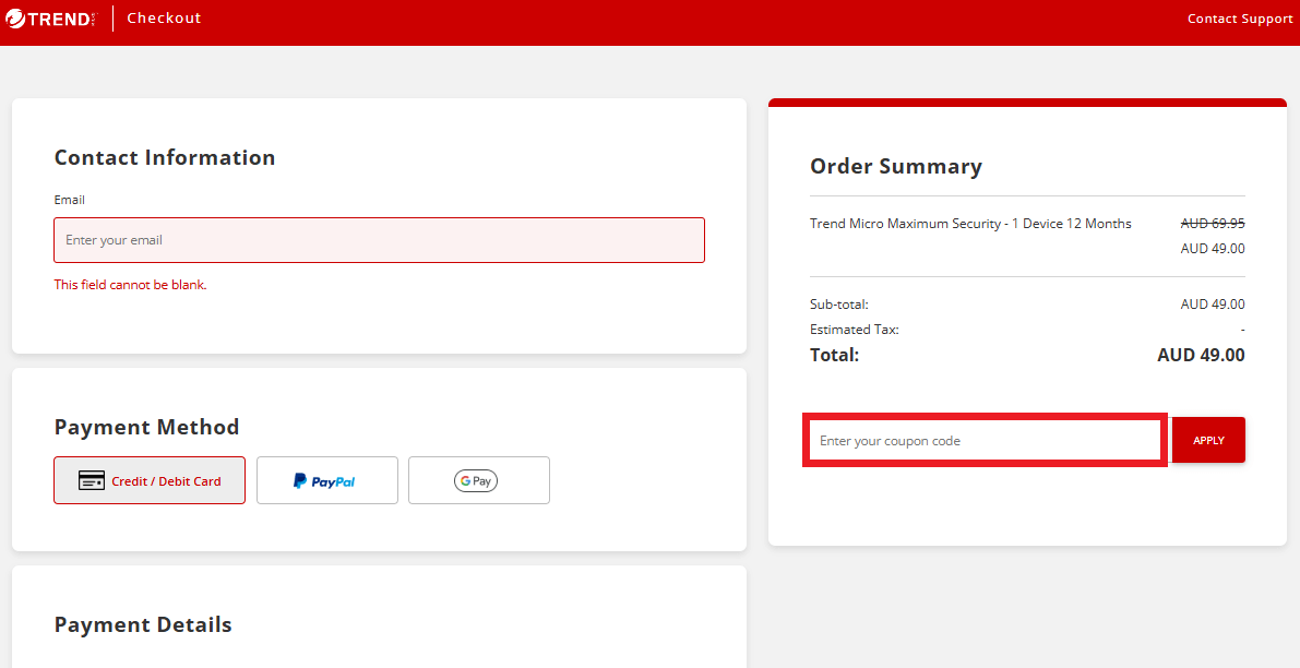 Trend Micro coupon code redemption box