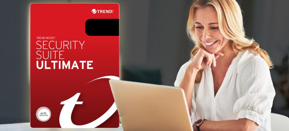 Trend Micro deals page banner featuring a woman using a laptop smiling next to enlarged red packaging displaying the text Security Suite Ultimate
