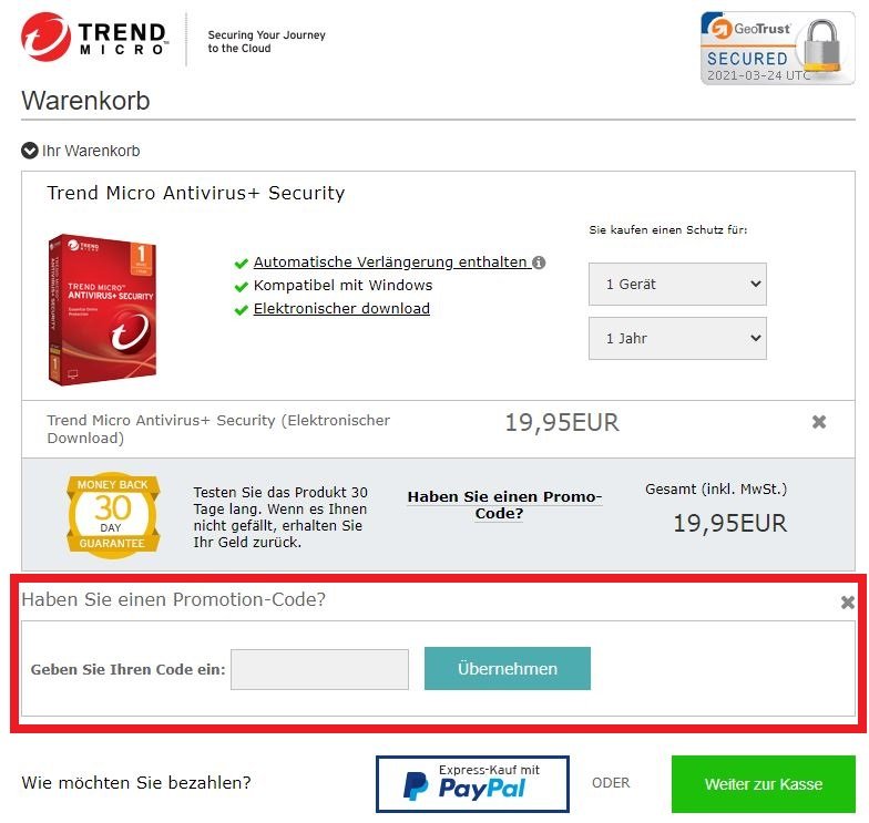 Trend Micro Gutschein einlösen im Warenkorb