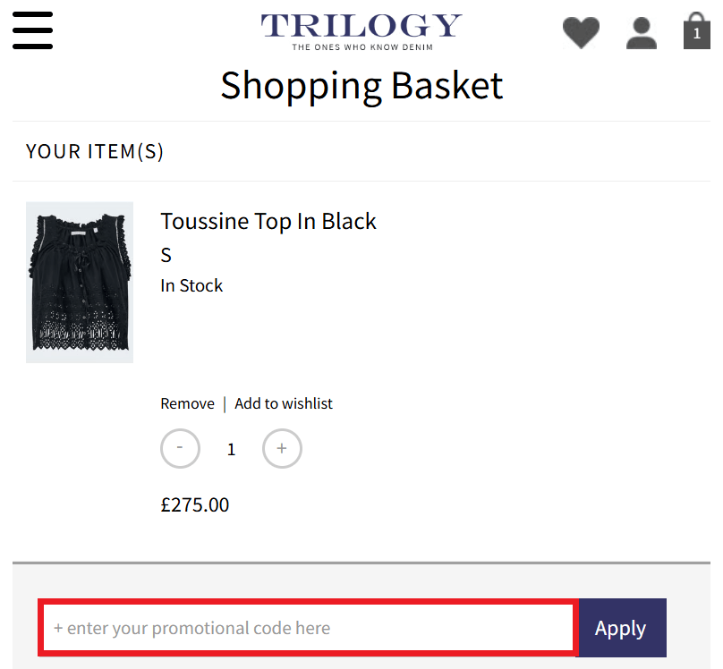 Trilogy discount code redemption box image
