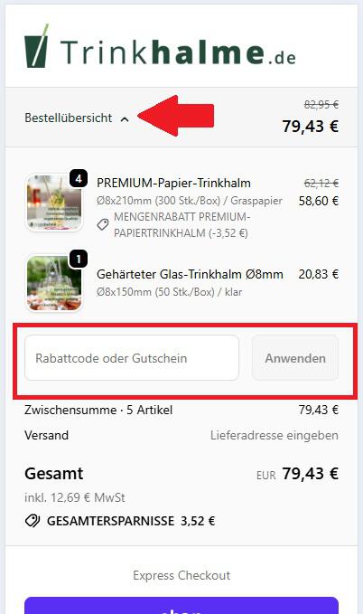 Trinkhalme.de Gutschein an der Online-Kasse einlösen