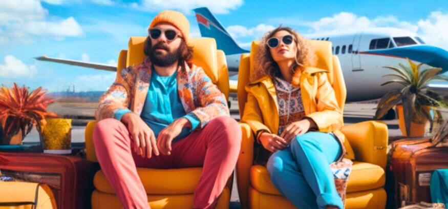 Trip.com deals page image - A man and woman with luggage sitting in plane seats on the runway in front of a jet