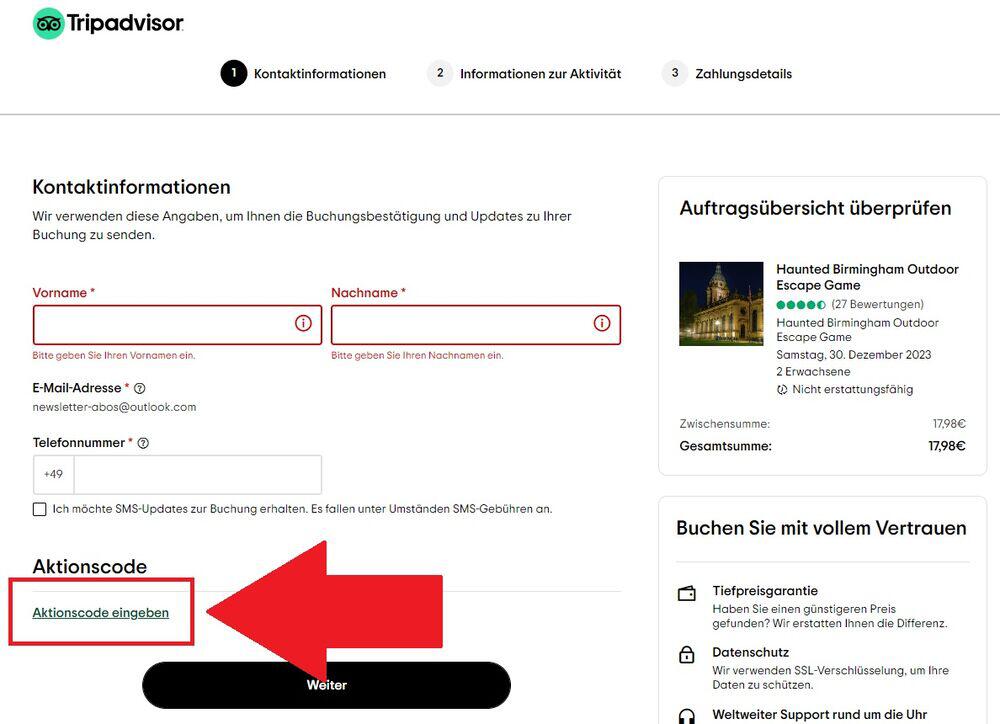 Screenshot der Buchungsseite mit Option zum Einlösen eines Tripadvisor Gutscheins