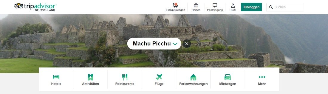 Screenshot der Tripadvisor Webseite mit Angeboten für Machu Picchu