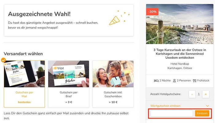 Eingabefeld für Rabattcodes für Tripz Gutscheine