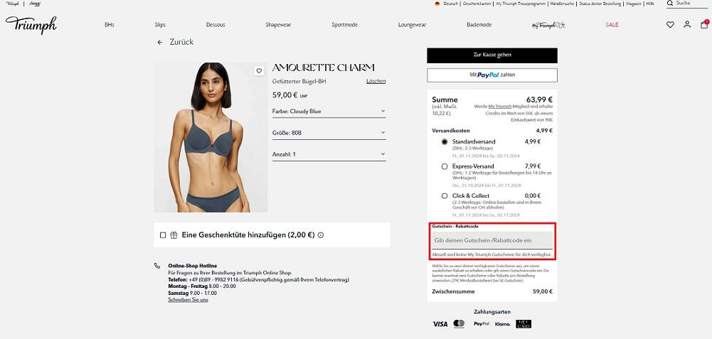 img: triumph-gutschein-einloesen / alt: Screenshot aus dem Warenkorb mit Hinweis darauf, wo du den Triumph Gutschein einlösen kannst.