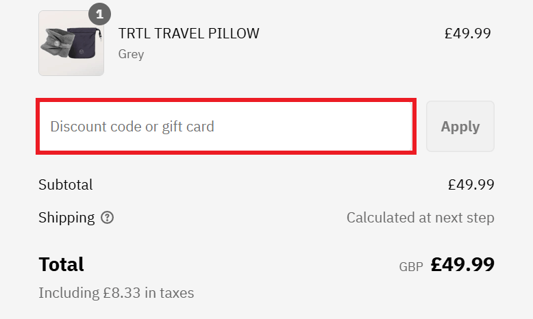 Trtl Travel discount code box in shopping basket