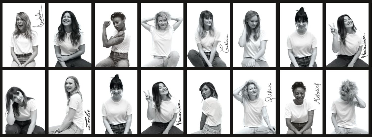 Banière de page Pimkie montrant plusieurs photos en noir et blanc de femmes en jean Pimkie et t-shirt blanc