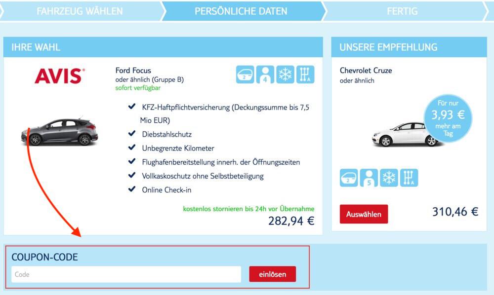 Eingabefeld für einen TUI Cars Gutschein
