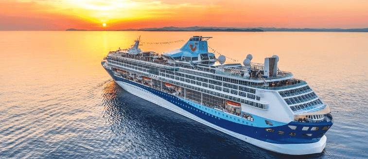 TUI cruises banner featuring a branded cruise ship sailing towards a sunset