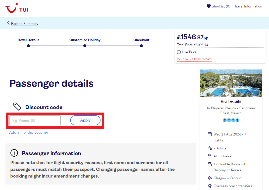 TUI discount code redemption box during holiday booking image