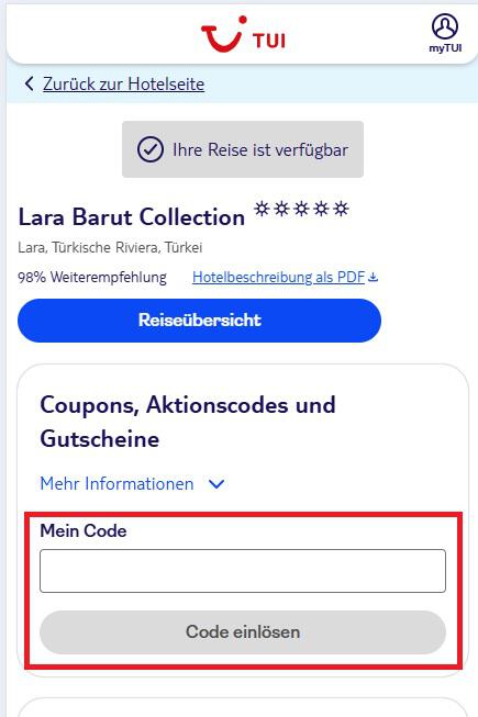 Screenshot vom Eingabefeld für den TUI Gutscheincode