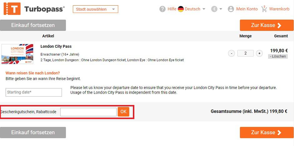 Screenshot aus dem Warenkorb mit Einlösefeld für den Turbopass Gutschein