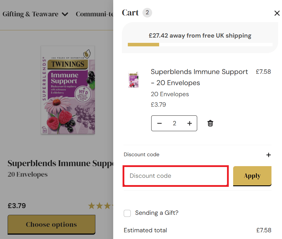 Twinings discount code box in shopping cart picture