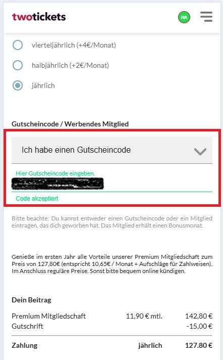 Eingabefeld für einen TwoTickets Gutscheincode im Bezahlschritt