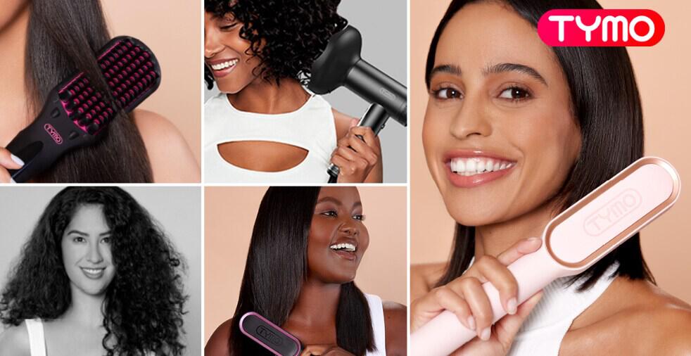 Tymo Beauty savings guide banner. Image features multiple shots of women using branded hair products